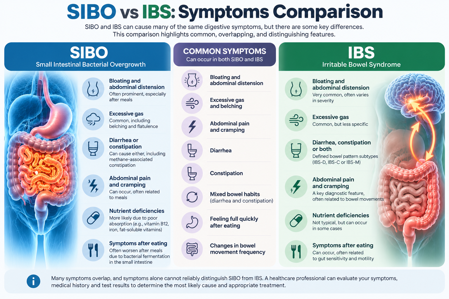 SIBO vs IBS symptoms comparison infographic showing overlapping bloating, gas, abdominal pain, diarrhea and constipation