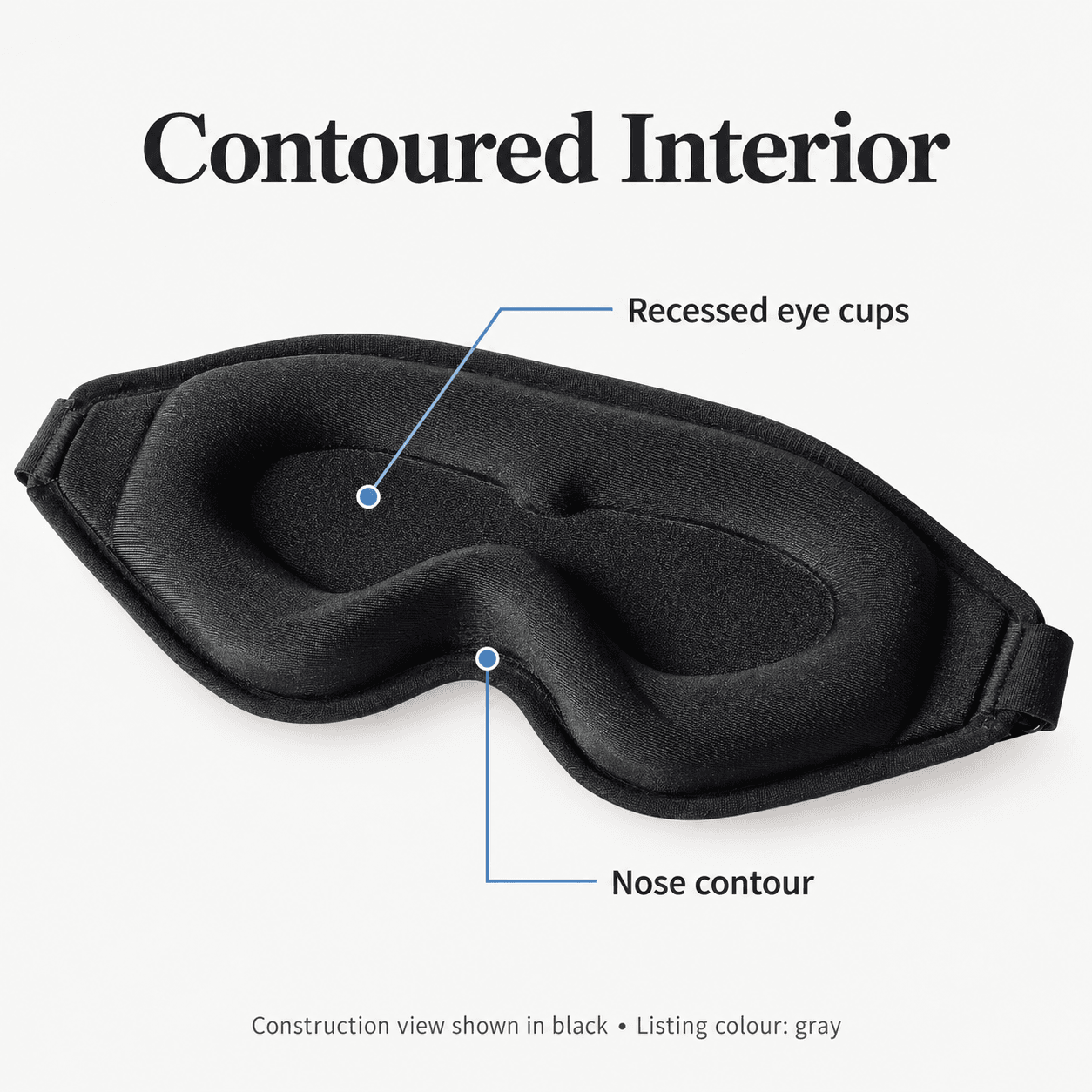 Contoured mask interior with recessed eye cups and nose contour, shown in black