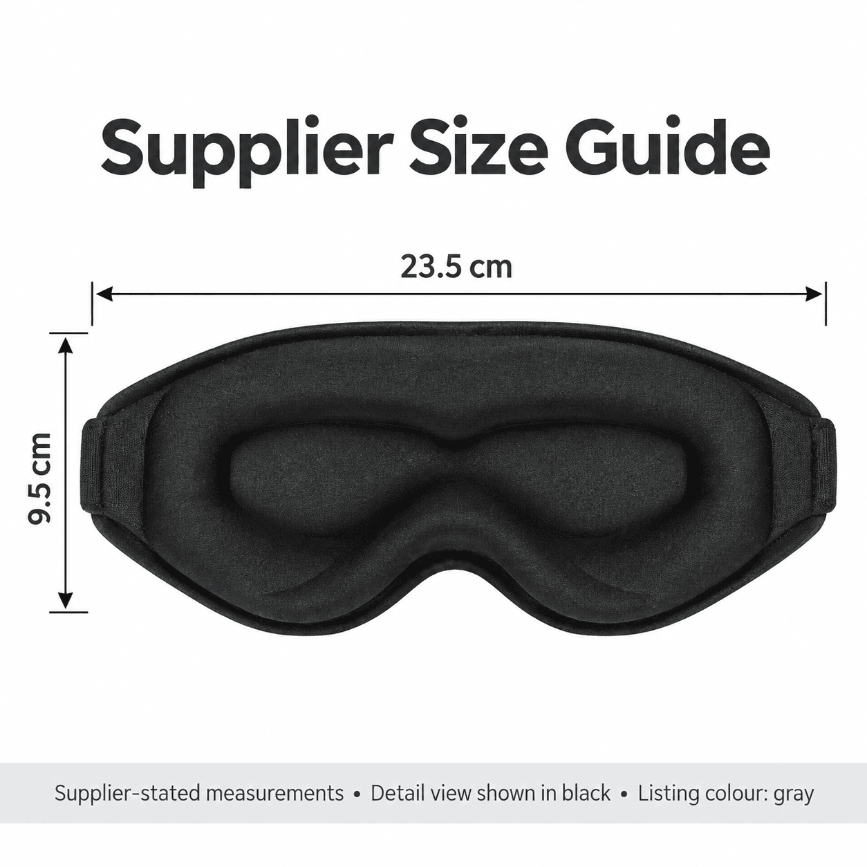 Supplier size guide showing 23.5 cm width and 9.5 cm height for the contoured mask